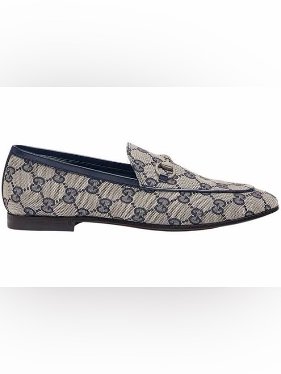 Gucci Shoes - Gucci Beige Canvas GG Horsebit Loafer with Navy Trim